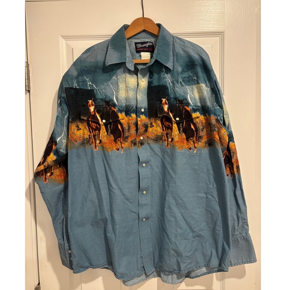 Vintage Wrangler Western Shirt XL Lightning & Horse Scenic Wraparound Print
